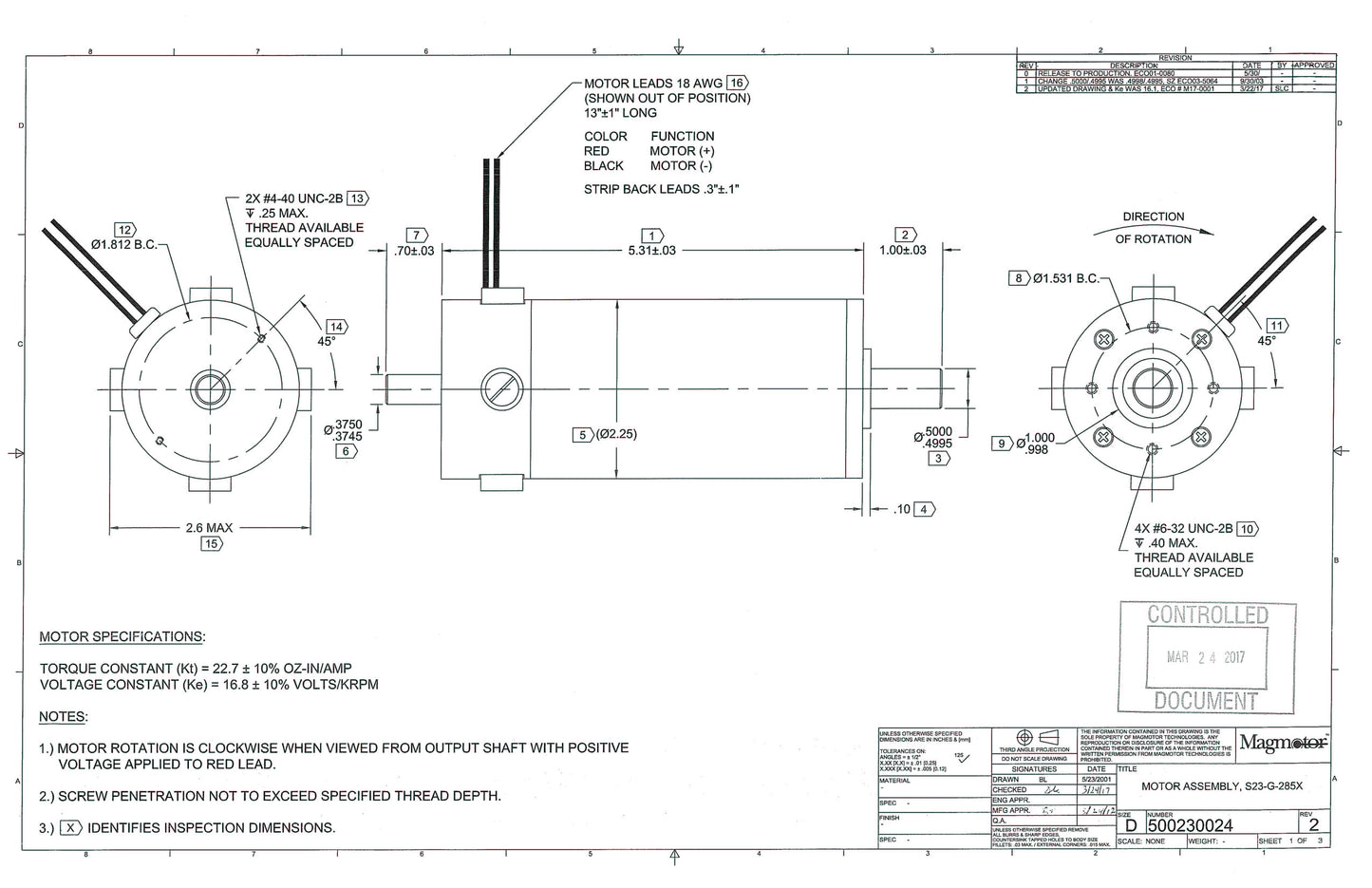 Magmotor S23-G-285X 24 to 24 Volt 4 Pole Brushed Motor Drawing