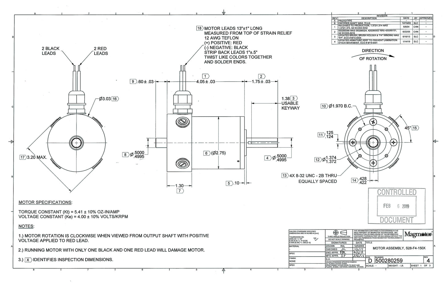 Magmotor S28-F4-150X 12 to 24 Volt 4 Pole Brushed Combat Motor Drawing