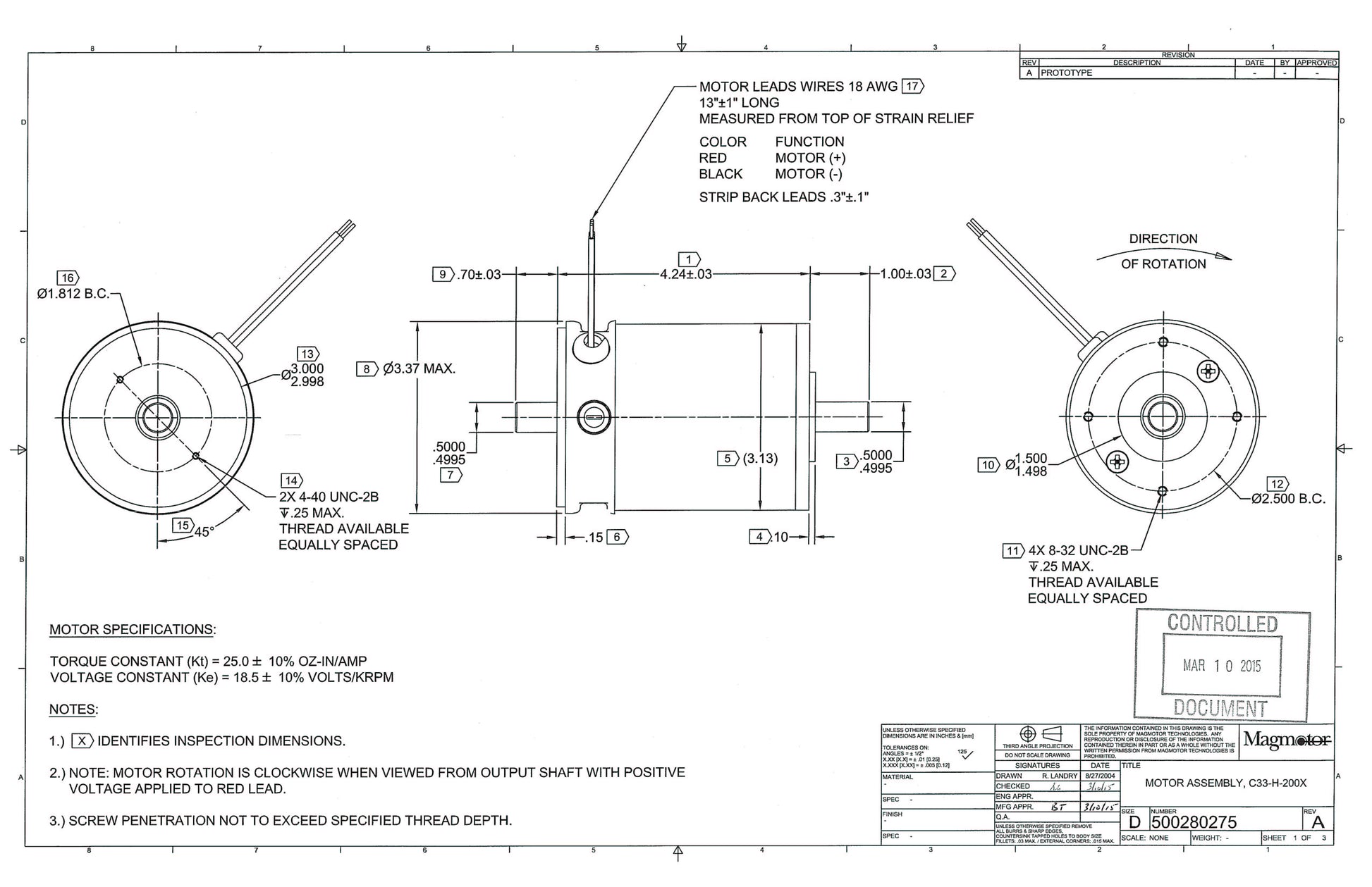 Magmotor C33-H-200X 24 to 60 Volt 4 Pole Brushed Motor Design Drawing