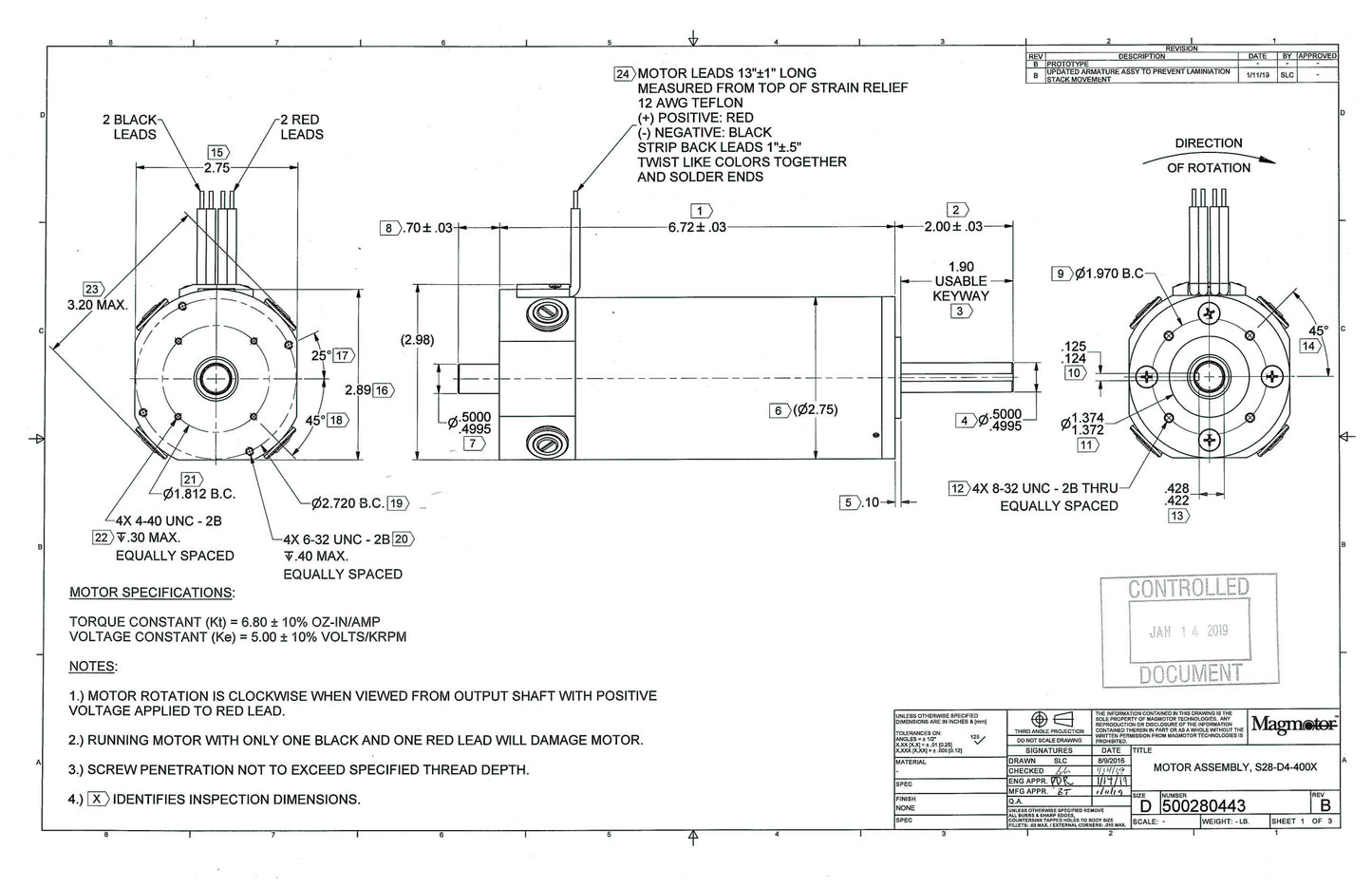 Magmotor S28-D4-400X 12 to 30 Volt 4 Pole Brushed Combat Motor Slim Design Drawing