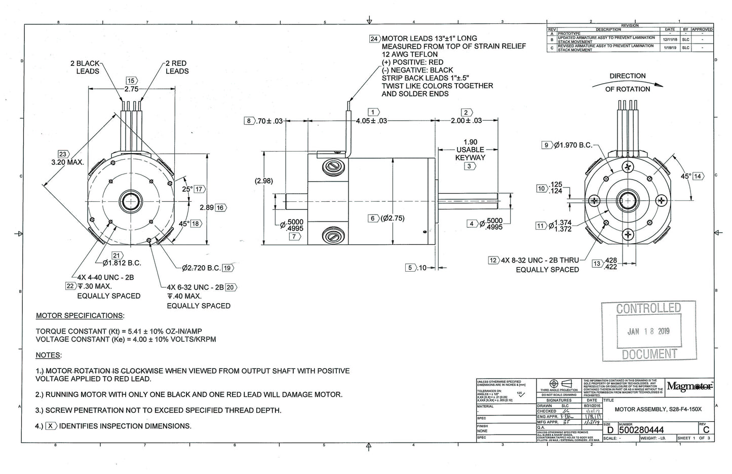 Magmotor S28-F4-150X 12 to 24 Volt 4 Pole Brushed Combat Motor Slim Design Drawing