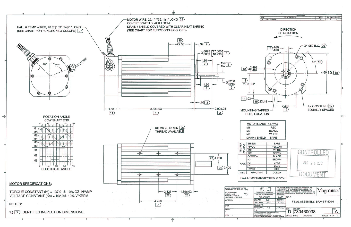 Magmotor BFA46-F-500H 100 to 168 Volt 8 Pole Brushless Motor Drawing